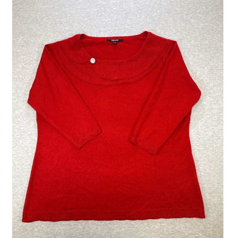 Red Metallic Knit Sweater 1X Rhinestone Button Pointelle Collar 3/4 Sleeve